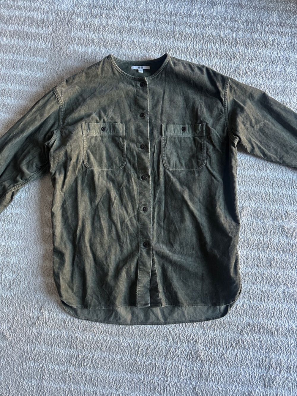 Uniqlo Olive Green Collarless Button-Down Shirt Jacket